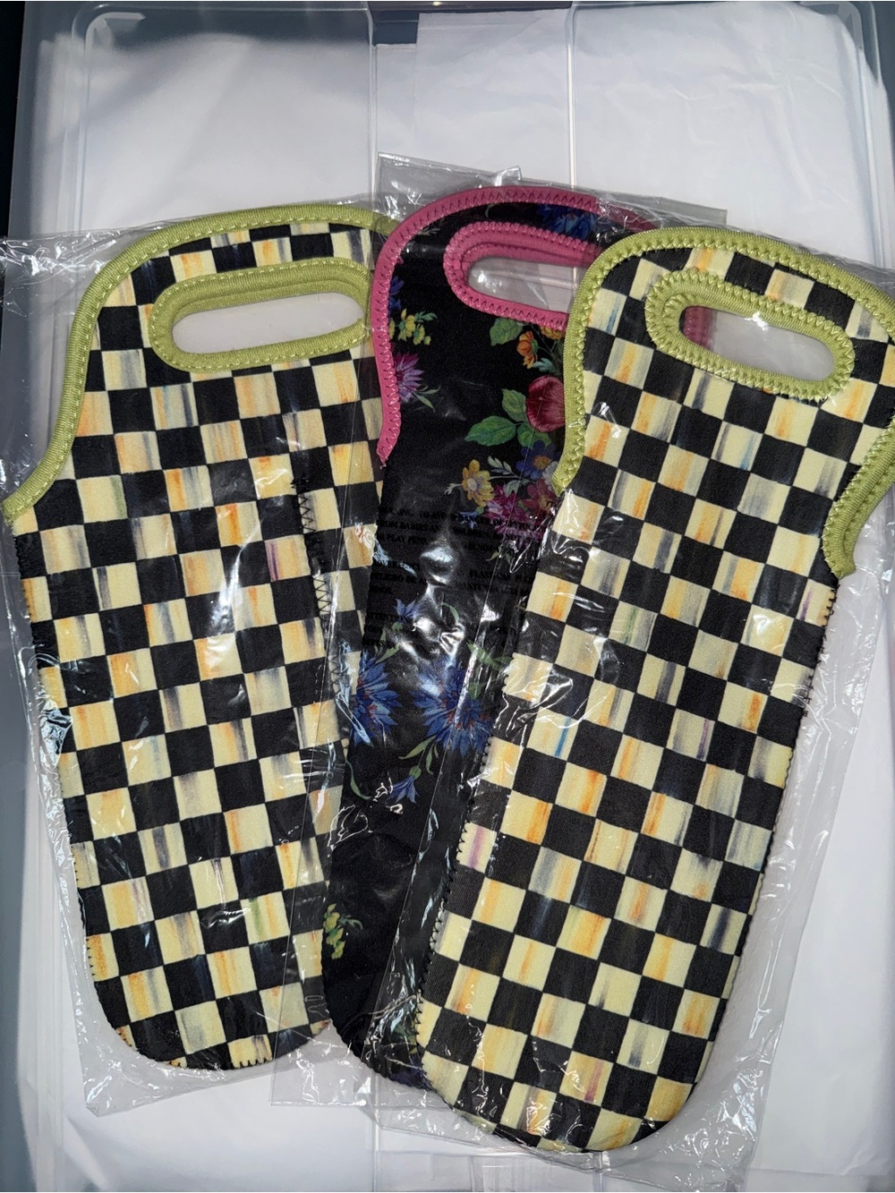 MacKenzie-Childs set of 3 neoprene wine totes.